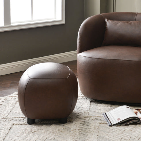 Elmer Faux Leather Ottoman – Round Brown Ottoman | Decorative Ottoman | Kinwell Furniture | Modern Faux Leather Furniture